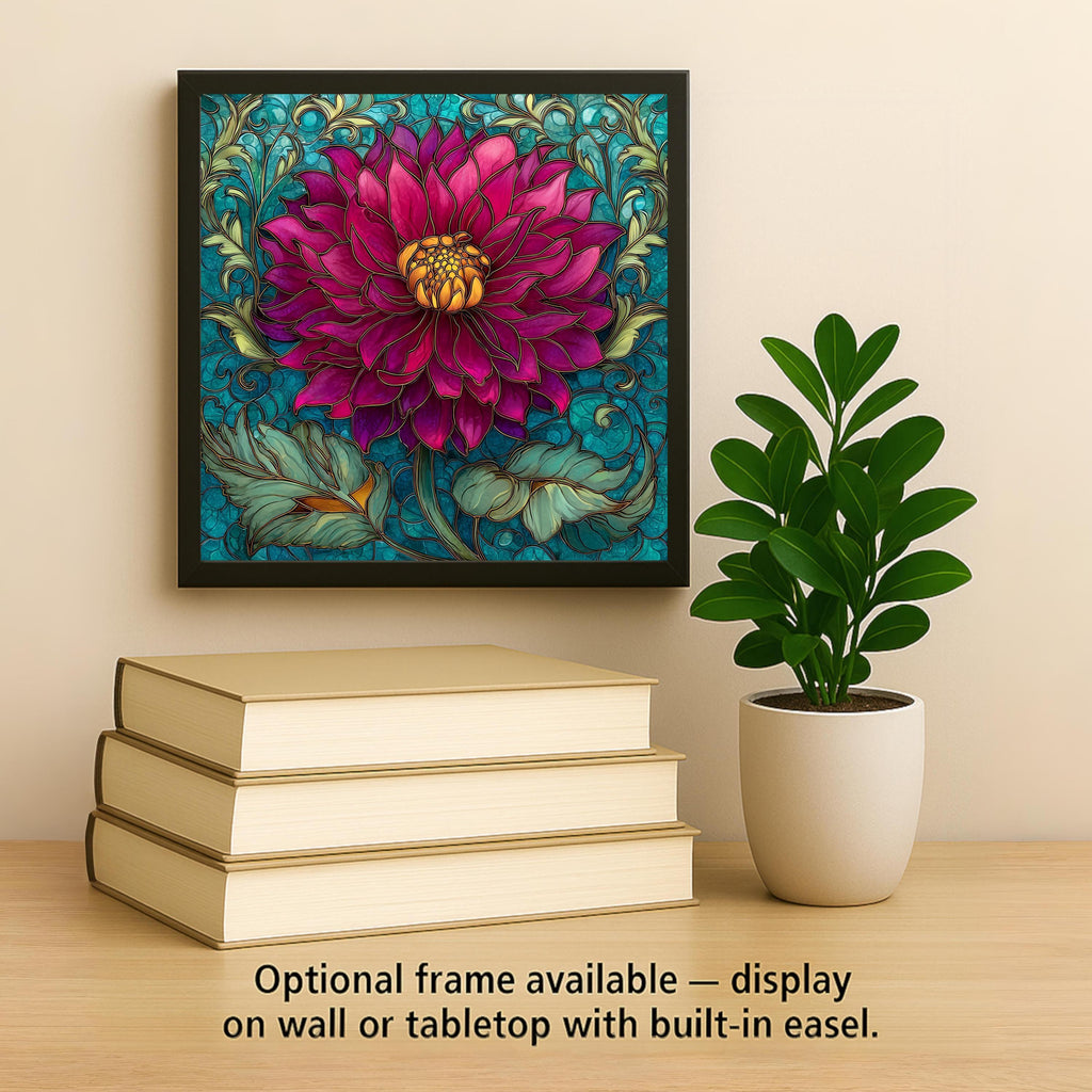 Magenta Dahlia Wall Art Ceramic Tile Stained Glass Style Floral Home Decor Bold Botanical Teal Art Gift Tile