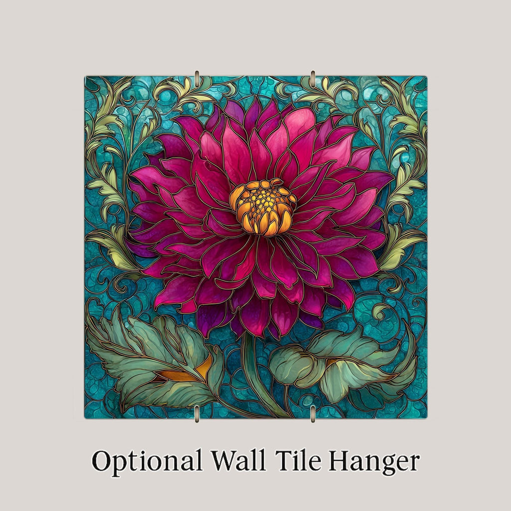 Magenta Dahlia Wall Art Ceramic Tile Stained Glass Style Floral Home Decor Bold Botanical Teal Art Gift Tile