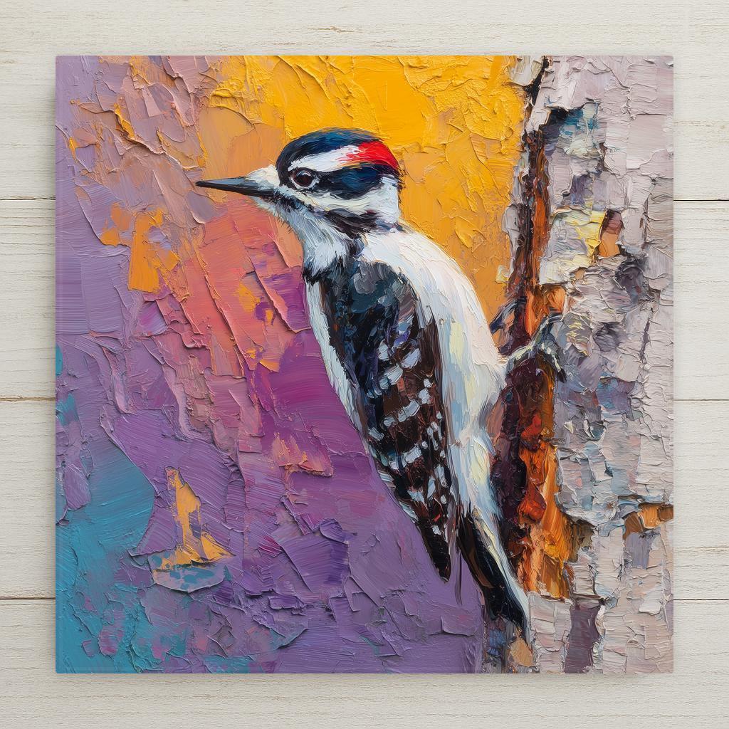 Vibrant Downy Woodpecker ceramic tile wall art in bold palette knife style. Bright, textured colors bring nature alive for your home decor. Optional wall hanger, easel stand, or cork backing available. Perfect bird lover gift or colorful home accent.
