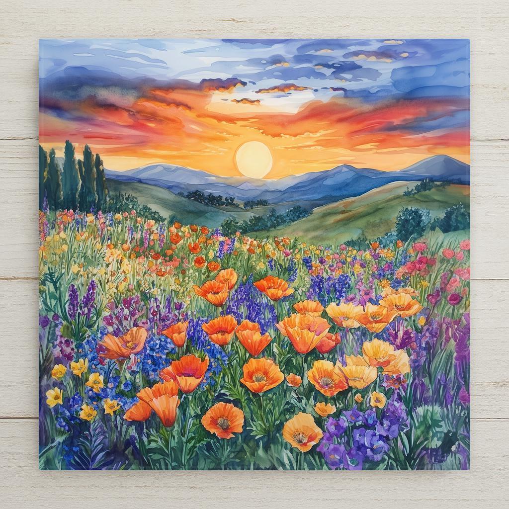 A vibrant sunset glows over a blooming field of California poppies and wildflowers on this handmade ceramic tile. Perfect wall decor for nature lovers.