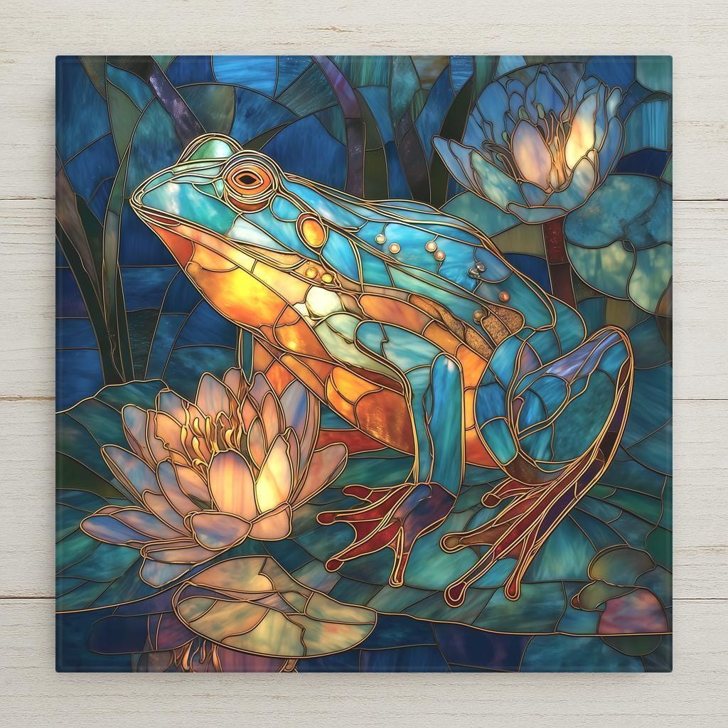 Teal and gold frog tile art inspired by nature’s calm beauty. Perfect for wall art, wall decor, or tabletop display. Printed permanently on ceramic for lasting color. Optional tile wall hanger, easel tile stand, cork backing, and premium frame available.