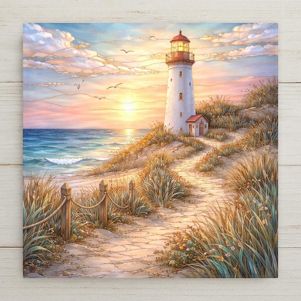 A lighthouse wall art ceramic tile showing a coastal path leading through dune grass toward a white lighthouse at sunset. Soft ocean waves, warm sky tones, and seabirds create a calm seaside scene. This stained glass–inspired design is a permanent print on ceramic tile, not real stained glass. Optional wall hanger, easel stand, cork backing, and premium frame options are available.