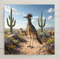 A roadrunner standing on a desert path surrounded by wildflowers and cactus in the Sonoran desert while a coyote stands behind it among saguaro cactus and desert plants under a blue sky with scattered clouds.