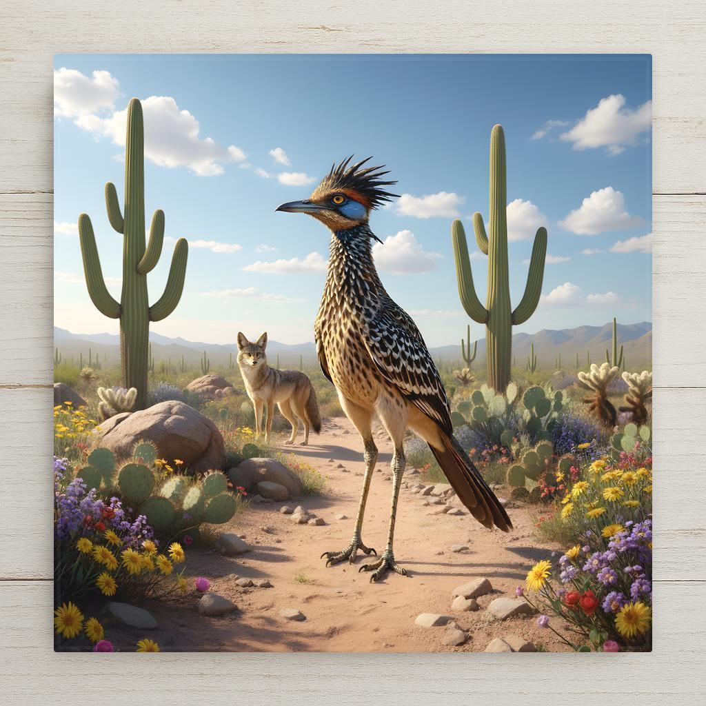 A roadrunner standing on a desert path surrounded by wildflowers and cactus in the Sonoran desert while a coyote stands behind it among saguaro cactus and desert plants under a blue sky with scattered clouds.