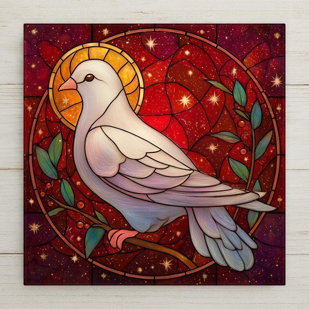 A peaceful white dove printed on ceramic tile in a stained glass–inspired style. A calming, symbolic accent for home decor, gifts, and meditation spaces. Optional tile wall hanger, easel stand, cork backing, and premium frame available.