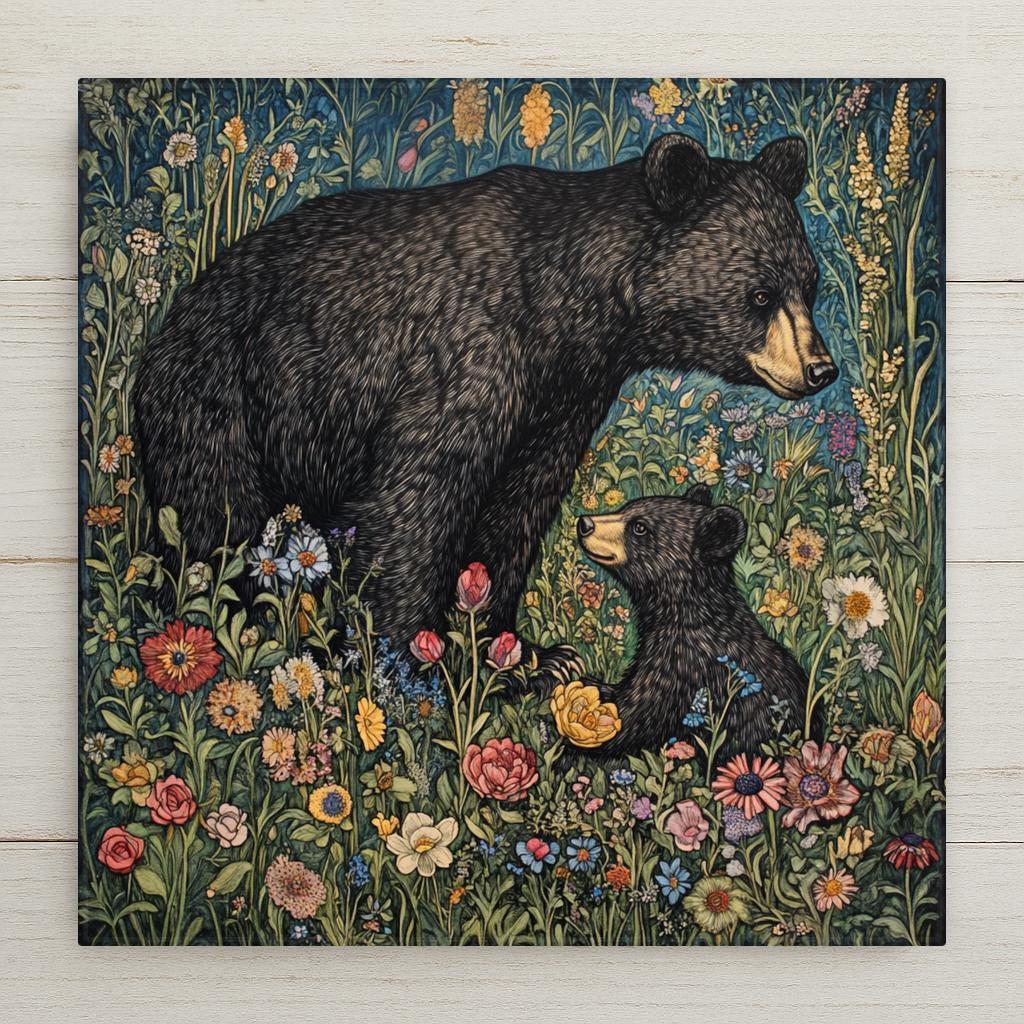 Bring the timeless elegance of Art Nouveau into your home with this William Morris inspired woodland black bear lovers ceramic tile wall decor. Featuring a vintage art style, this cute baby bear cub coaster and trivet will add a touch of charm to any space. Perfect for nature enthusiasts and art lovers alike!
