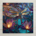 stained glass style dragonfly with glowing lotus flowers in teal and purple mosaic