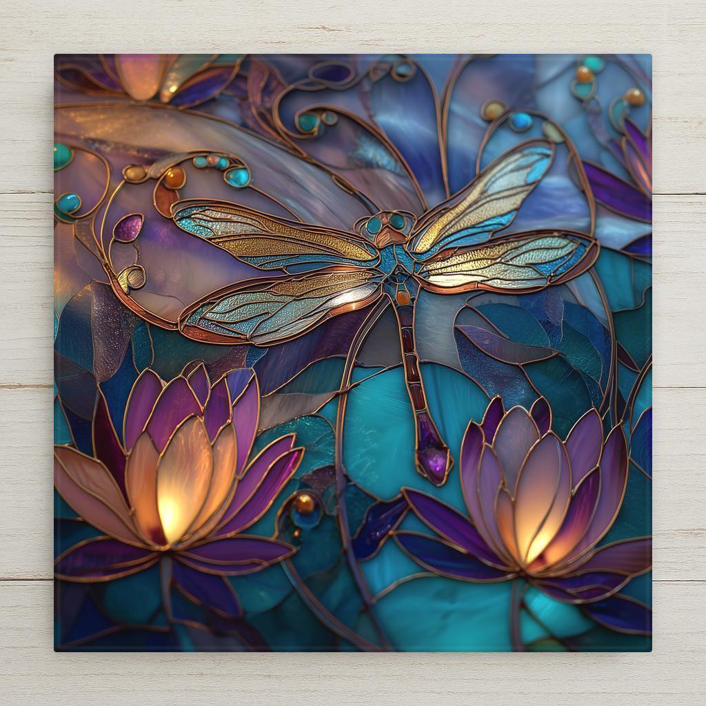 stained glass style dragonfly with glowing lotus flowers in teal and purple mosaic