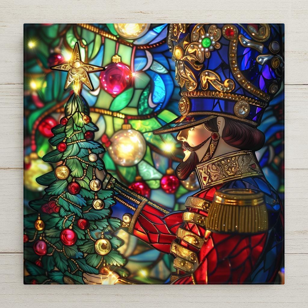 Stained glass–style ceramic tile featuring a Nutcracker soldier in ornate uniform with a glowing Christmas tree. While it may look like stained glass or mosaic, this is a permanent print on tile. Printed with premium inks for lasting color. Optional add-ons include a tile wall hanger, easel tile stand, or cork backing. Perfect for Nutcracker fans, holiday décor, and Christmas gifts.