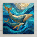 Stained glass style whale decorative tile showing two whales swimming through layered ocean waves beneath a glowing sun. Printed on glossy porcelain, this marine life art tile features flowing mosaic textures in deep blues, aquas, and warm gold tones, creating a calm ocean-inspired wall decor piece ideal for coastal homes, beach houses, or nautical interiors.