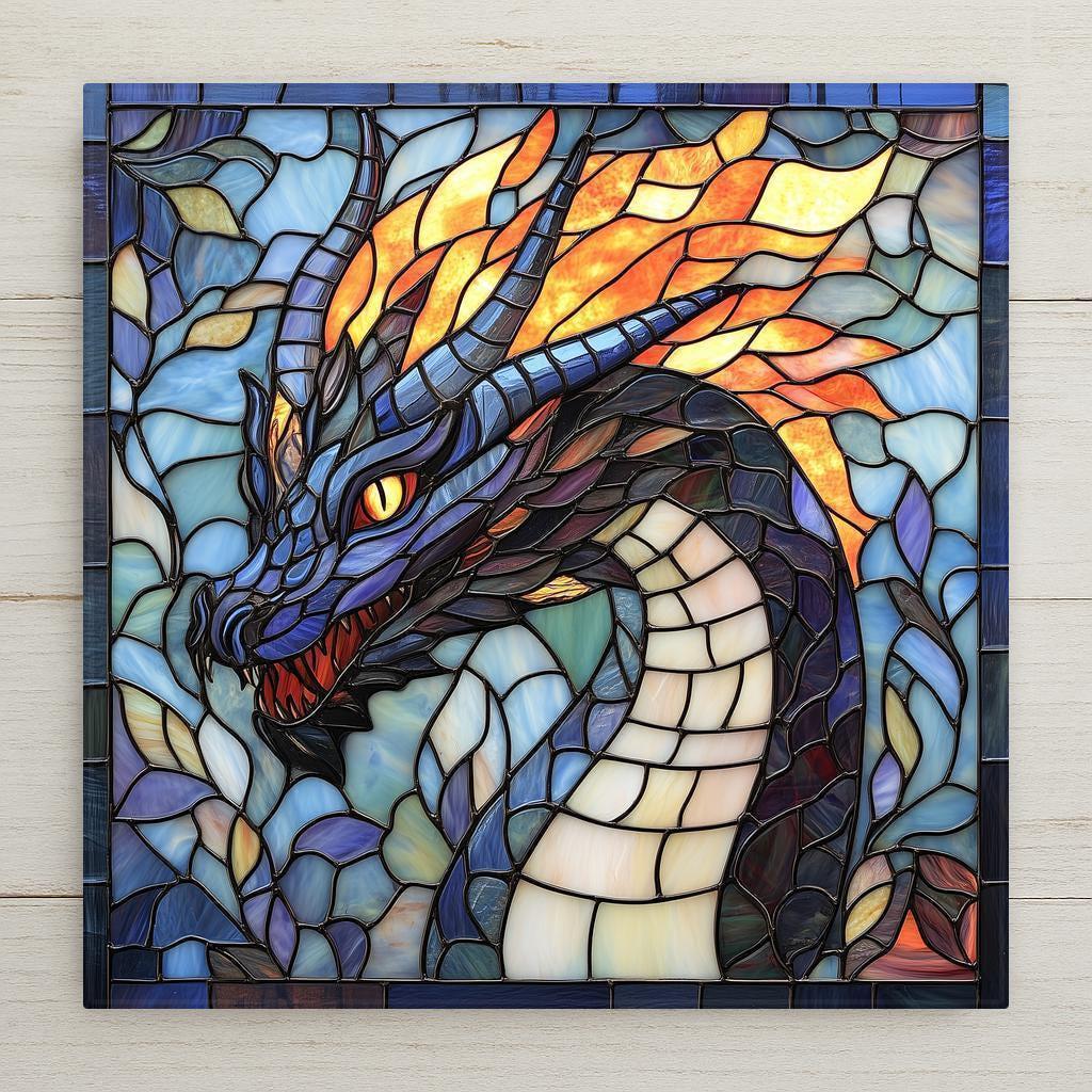 This stained glass-style dragon ceramic tile brings fiery medieval fantasy to life. A bold statement for gothic, fantasy, or castlecore decor lovers.