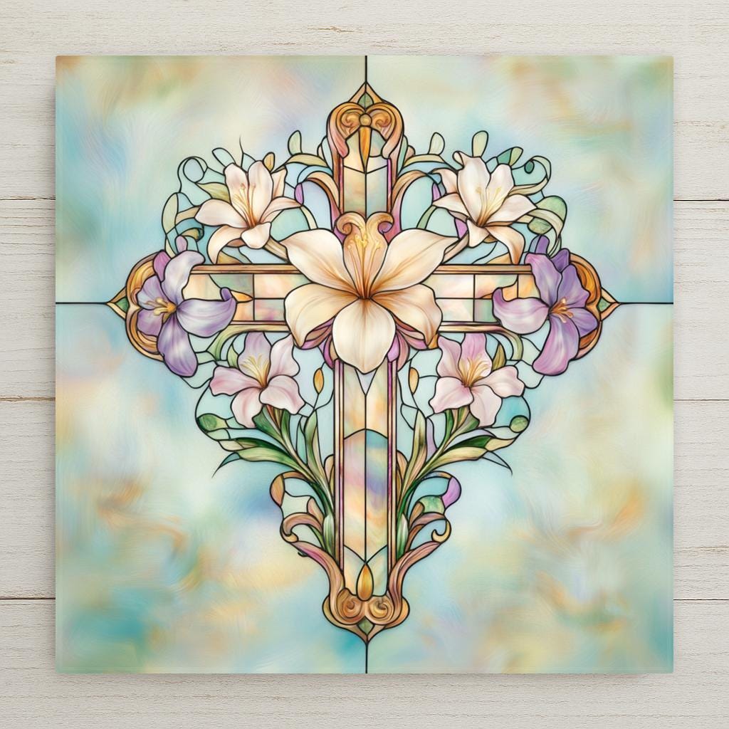A serene Art Nouveau floral cross ceramic tile featuring soft stained glass colors. Perfect as an Easter, baptism, or sympathy gift. Optional tile stand and tile wall hanger available.