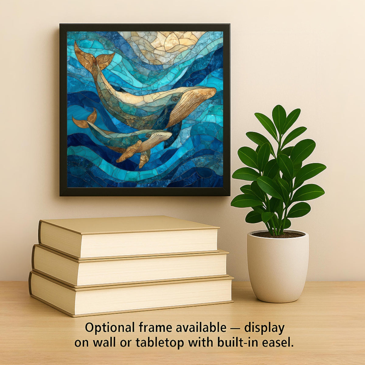 Whale Wall Art Ceramic Tile Stained Glass Style Ocean Coastal Marine Life Home Decor Nautical Sea Inspired Accent