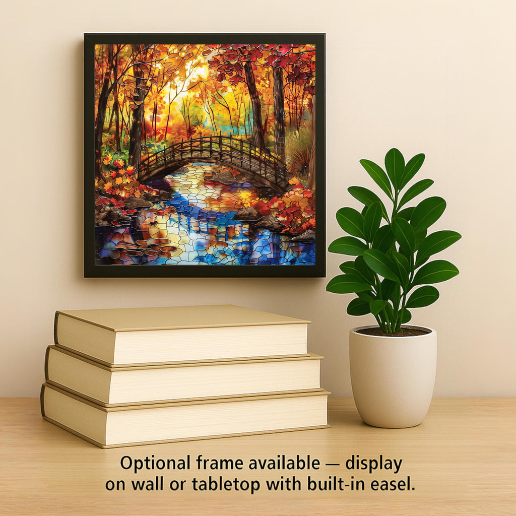 Autumn Bridge Wall Art Ceramic Tile Nature Gift Stained Glass Style Landscape Decor Fall Scenery Art Cozy Home Gift
