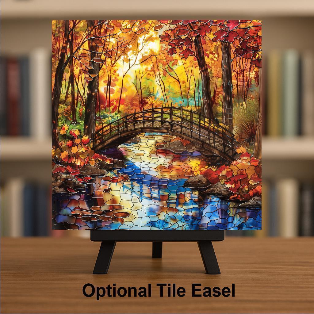 Autumn Bridge Wall Art Ceramic Tile Nature Gift Stained Glass Style Landscape Decor Fall Scenery Art Cozy Home Gift