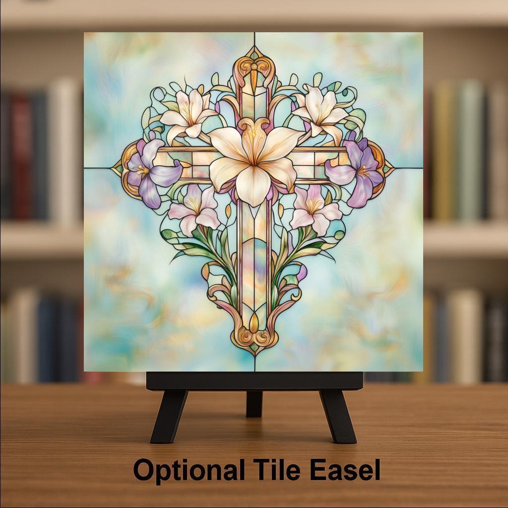 Cross Ceramic Art Tile – Art Nouveau Style, William Morris, Religious Faith Gift, Floral Easter Sympathy Art
