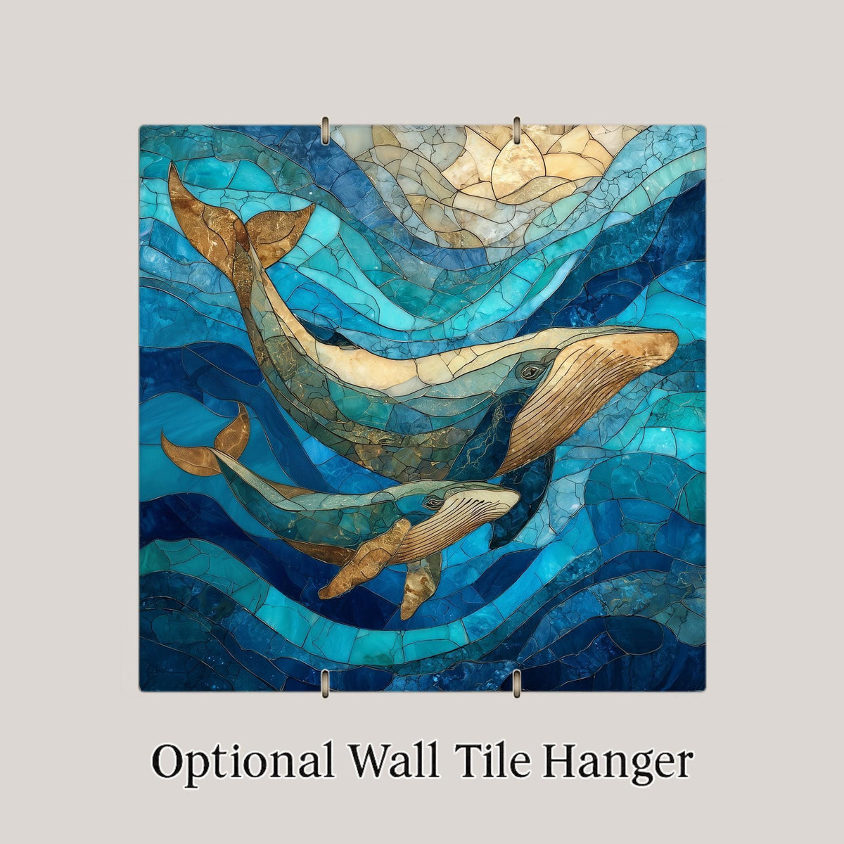 Whale Wall Art Ceramic Tile Stained Glass Style Ocean Coastal Marine Life Home Decor Nautical Sea Inspired Accent