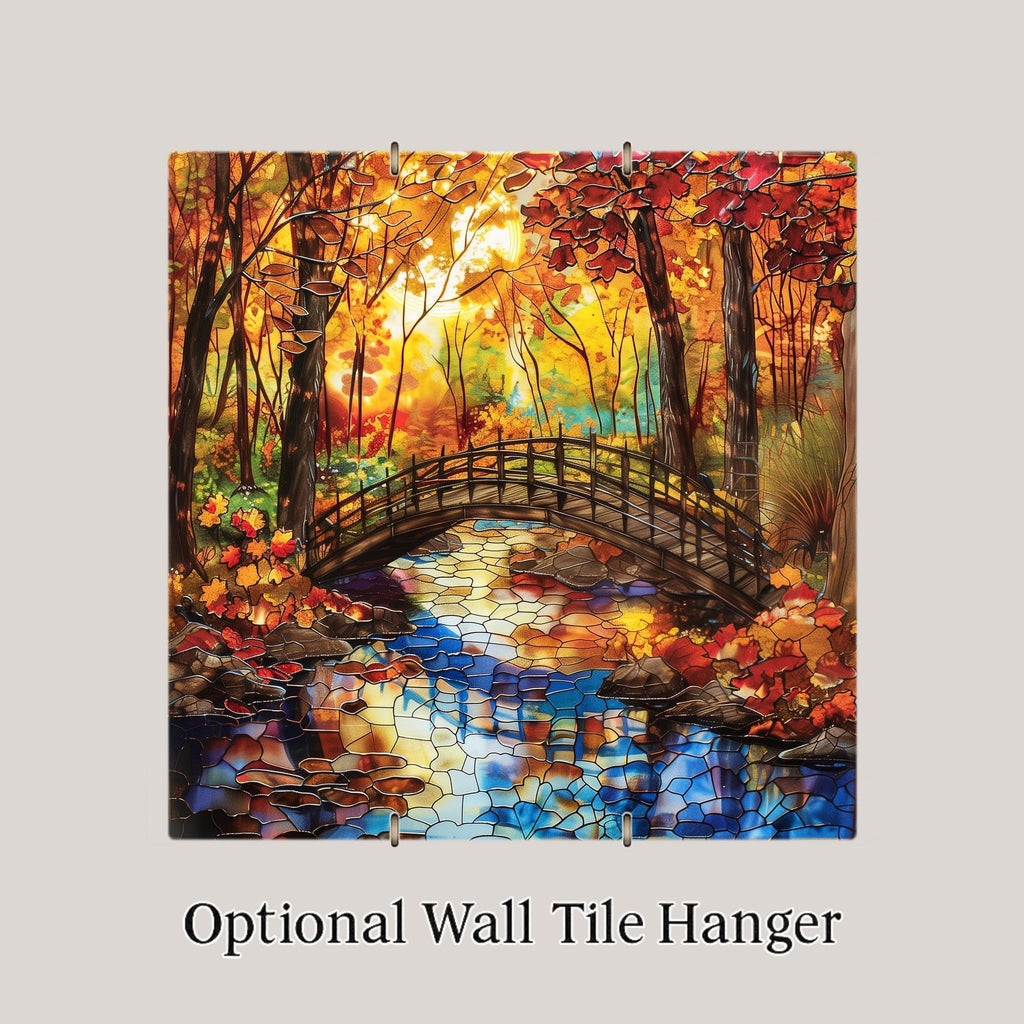 Autumn Bridge Wall Art Ceramic Tile Nature Gift Stained Glass Style Landscape Decor Fall Scenery Art Cozy Home Gift