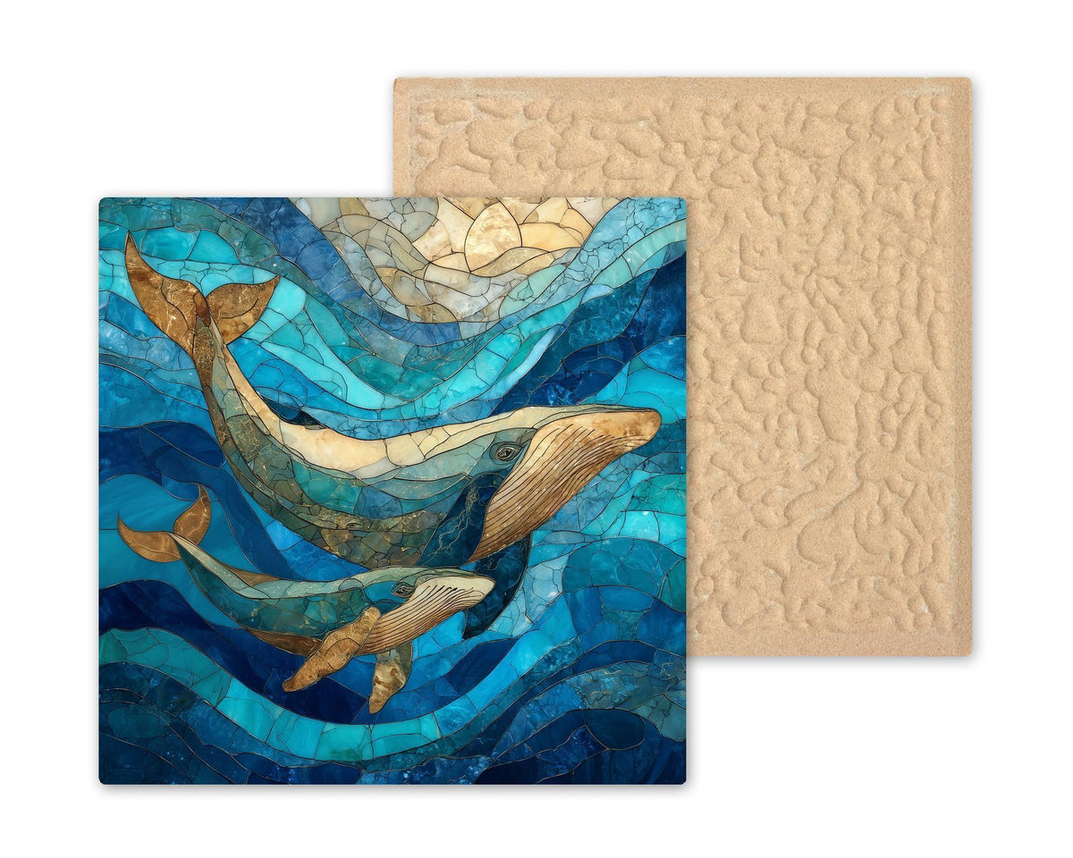 Whale Wall Art Ceramic Tile Stained Glass Style Ocean Coastal Marine Life Home Decor Nautical Sea Inspired Accent
