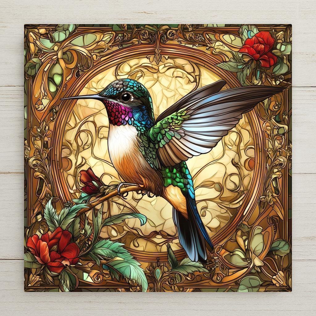 Art Nouveau hummingbird tile with stained glass floral design. Use as wall art, trivet, or coaster. Optional stand, wall hanger, or cork backing available.