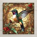 Art Nouveau hummingbird tile with stained glass floral design. Use as wall art, trivet, or coaster. Optional stand, wall hanger, or cork backing available.