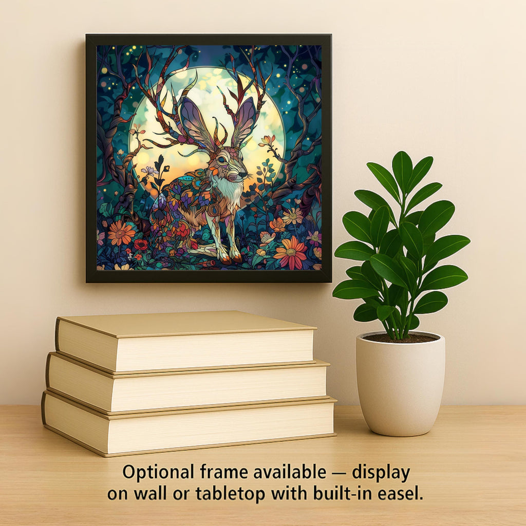 Jackalope Ceramic Tile Whimsical Folklore Legend Rabbit with Antlers Enchanted Moonlit Garden Fantasy Wall Art Decor