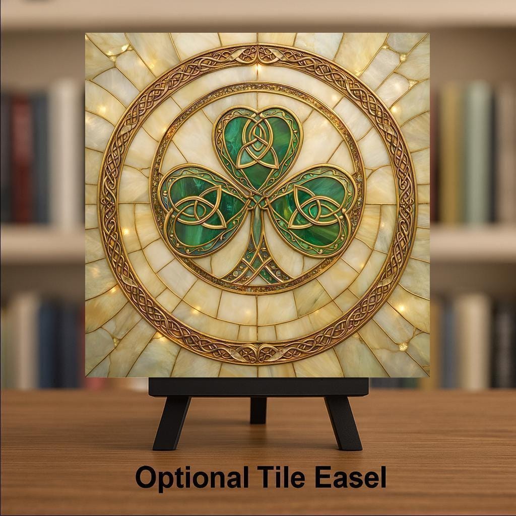 Celtic Shamrock Heritage Wall Art Ceramic Tile – Stained Glass Style, Irish Symbol Home Decor