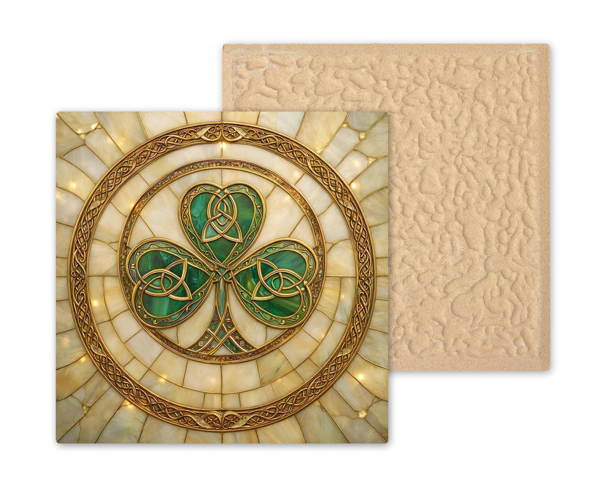 Celtic Shamrock Heritage Wall Art Ceramic Tile – Stained Glass Style, Irish Symbol Home Decor