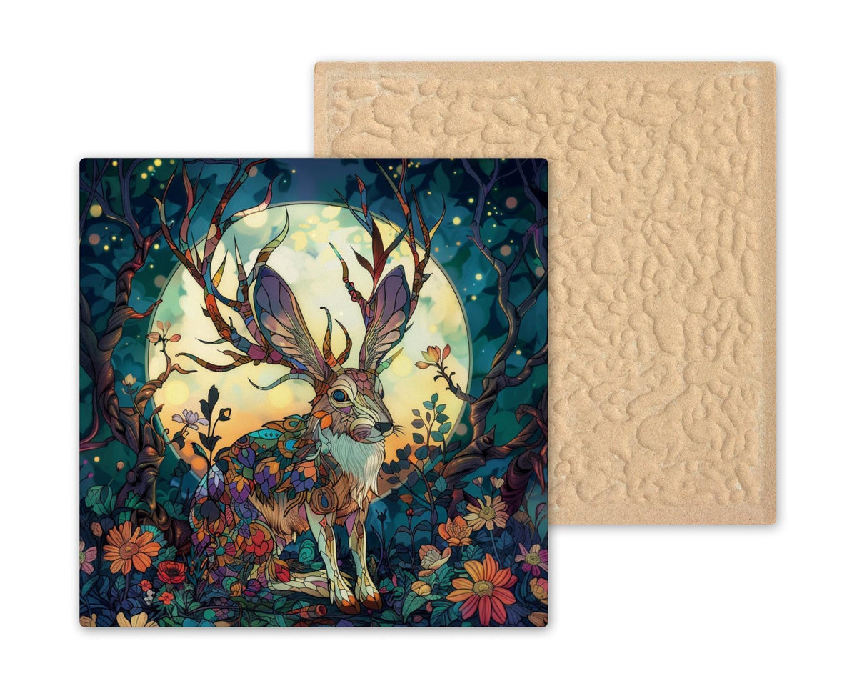 Jackalope Ceramic Tile Whimsical Folklore Legend Rabbit with Antlers Enchanted Moonlit Garden Fantasy Wall Art Decor