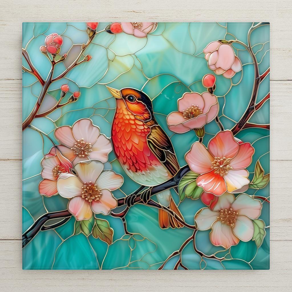 Red robin ceramic tile with cherry blossoms and glowing teal background wall art. Stained glass look print on ceramic home decor. Optional hanger, stand, or cork backing.