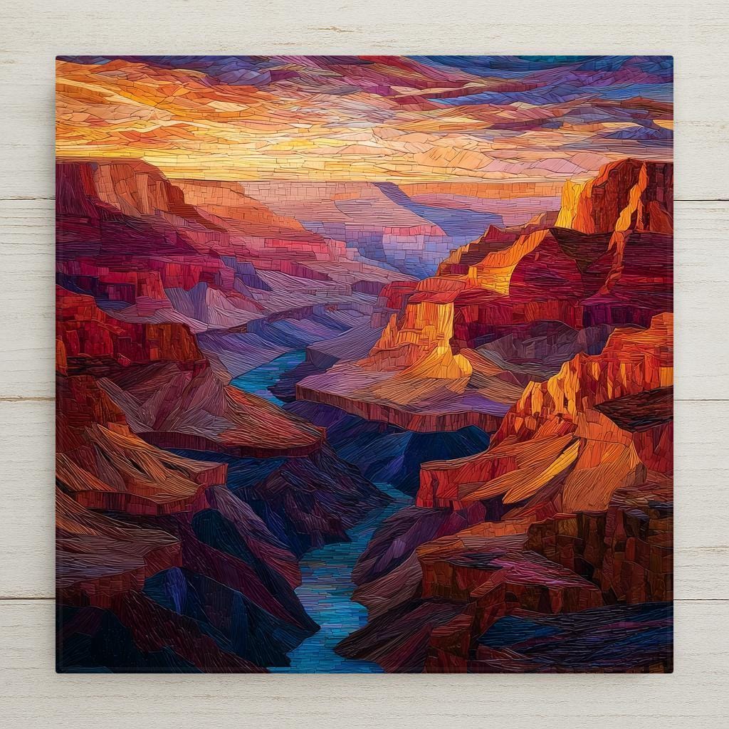 This ceramic tile captures the Grand Canyon’s river in a stained glass style with glowing sunset colors. Printed with premium inks for lasting brilliance, it’s perfect as wall art or tabletop décor. Add a tile wall hanger, easel stand, cork backing, or premium frame to customize your display. A striking gift for nature lovers and national park fans.