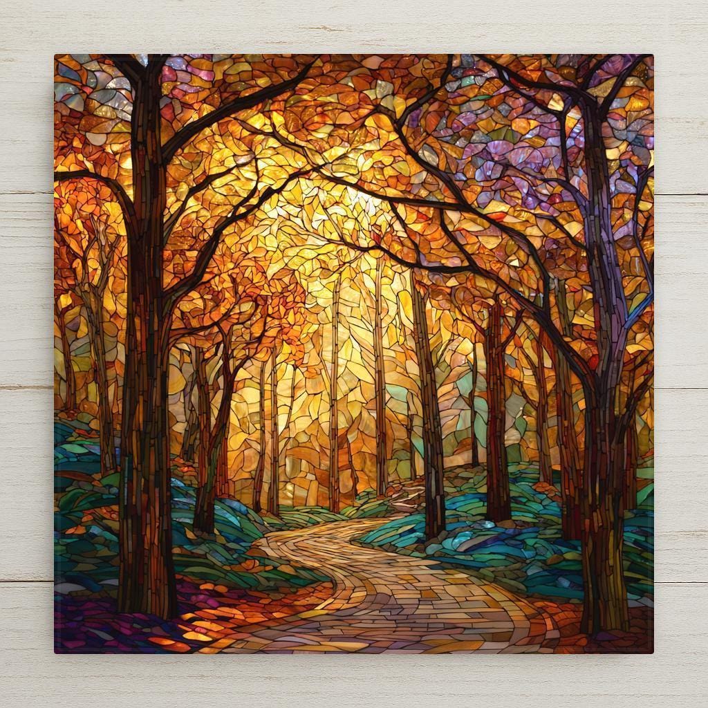 Autumn Forest Path ceramic tile wall art with golden leaves and teal shadows. Stained glass style fall landscape adds rustic charm to wall decor and home decor. Perfect cabin accent or nature lover’s gift. Optional wall hanger, easel stand, cork backing, or premium frame available.