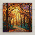 Autumn Forest Path ceramic tile wall art with golden leaves and teal shadows. Stained glass style fall landscape adds rustic charm to wall decor and home decor. Perfect cabin accent or nature lover’s gift. Optional wall hanger, easel stand, cork backing, or premium frame available.
