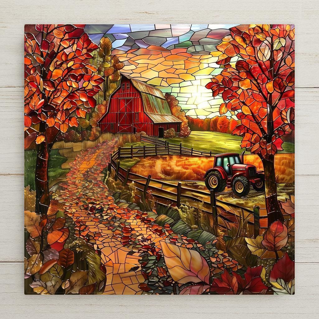 Stained glass–style ceramic tile featuring a rustic red barn, tractor, and glowing autumn fields. This is a permanent print on tile, not actual stained glass or mosaic. Printed with premium inks for lasting vivid color. Optional add-ons include a tile wall hanger, easel tile stand, or cork backing. Perfect for fall wall art, farmhouse décor, or seasonal country gifts.