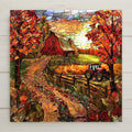 Stained glass–style ceramic tile featuring a rustic red barn, tractor, and glowing autumn fields. This is a permanent print on tile, not actual stained glass or mosaic. Printed with premium inks for lasting vivid color. Optional add-ons include a tile wall hanger, easel tile stand, or cork backing. Perfect for fall wall art, farmhouse décor, or seasonal country gifts.