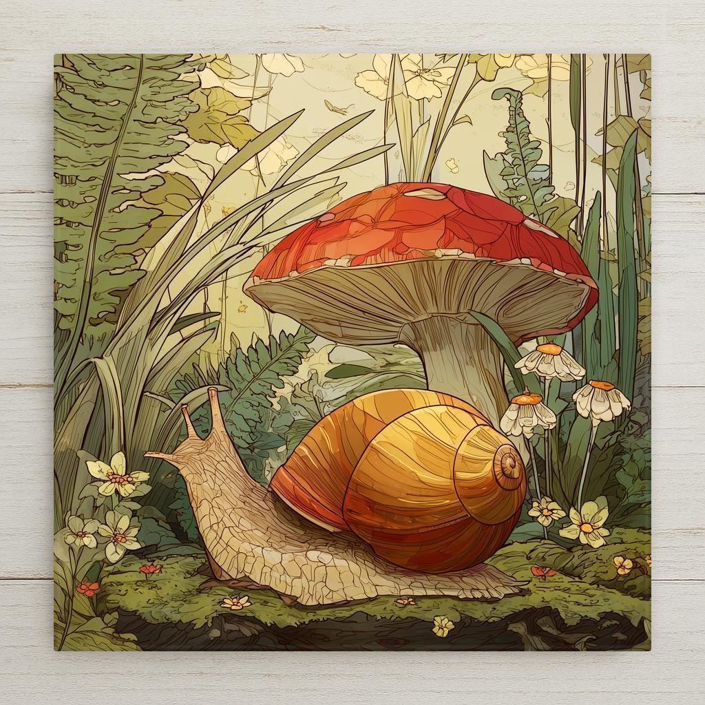 Garden snail ceramic tile wall art featuring a peaceful snail beneath a mushroom surrounded by wildflowers and greenery. Cottagecore botanical decor printed permanently on ceramic tile. Nature-inspired home decor with optional tile wall hanger, easel tile stand, cork backing, and premium frame available.