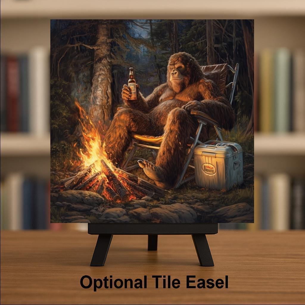 Bigfoot Wall Art Ceramic Tile Funny Sasquatch Camping Decor Campfire Beer Man Cave Art Cabin Bigfoot Lover Tile