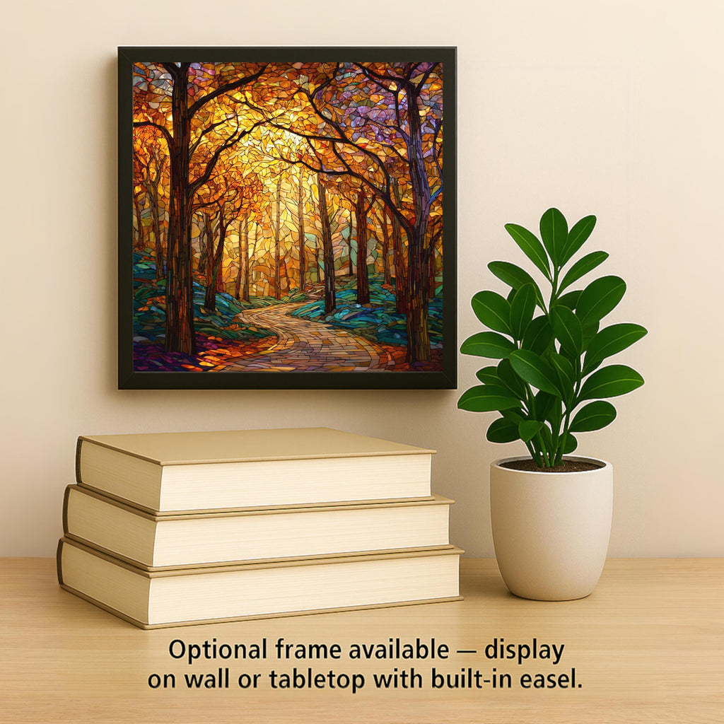Autumn Forest Wall Art Ceramic Tile Stained Glass Style Rustic Gift Fall Decor Woodland Nature Cabin Art