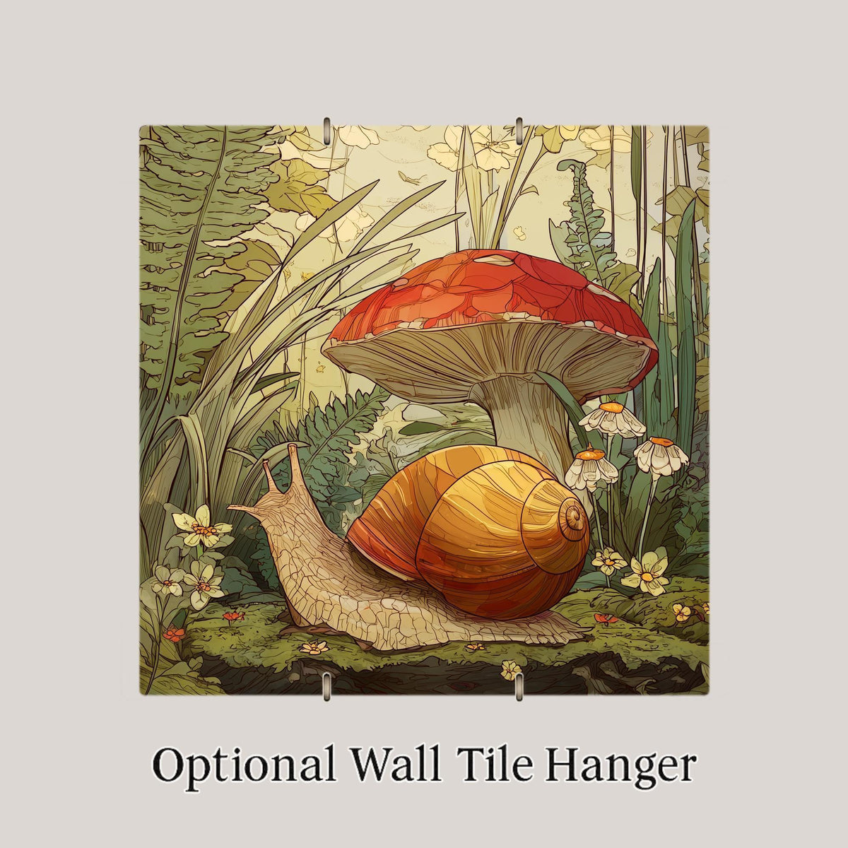 Garden Snail Ceramic Art Tile – Cottagecore Mushroom Wall Decor, Whimsical Botanical Nature Gift