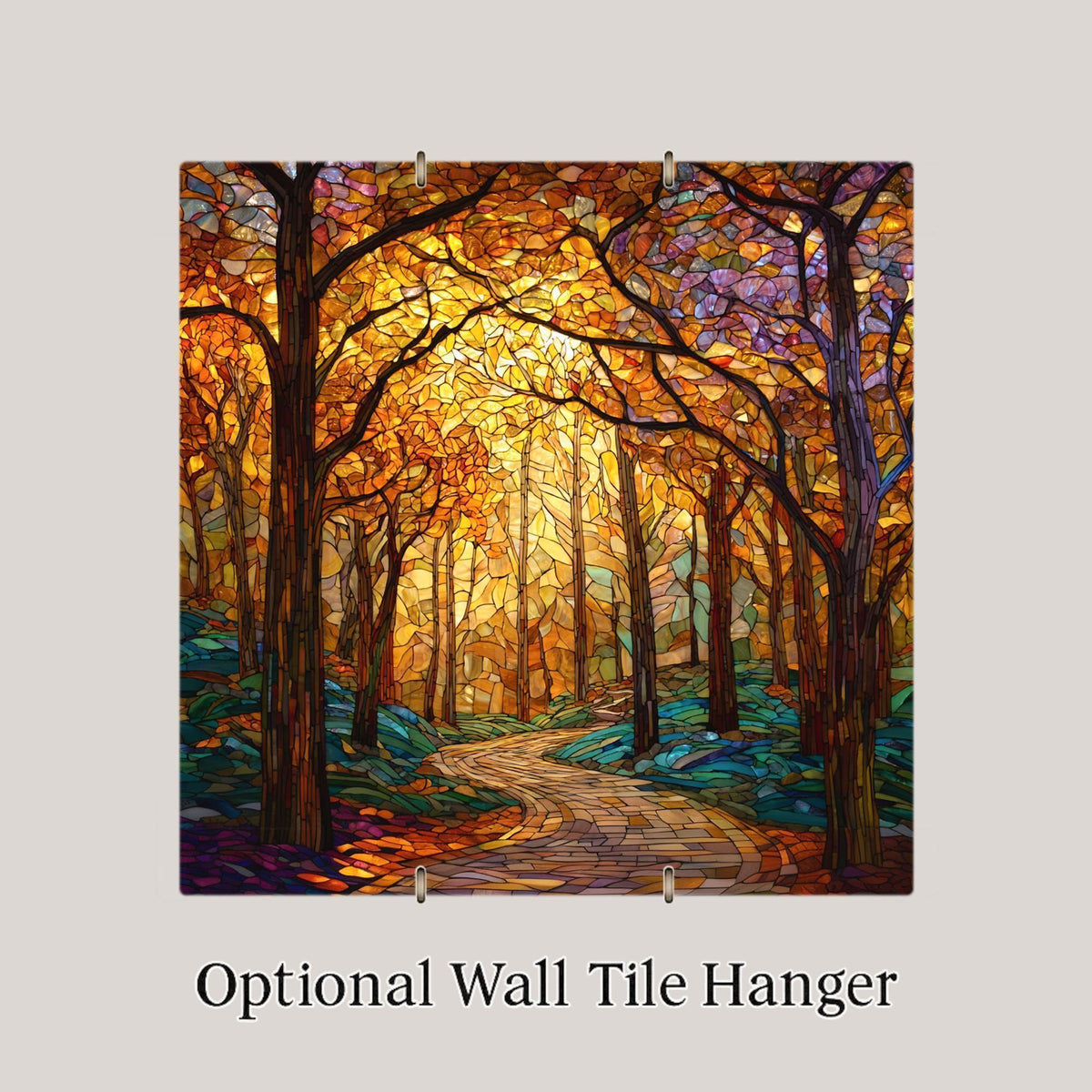 Autumn Forest Wall Art Ceramic Tile Stained Glass Style Rustic Gift Fall Decor Woodland Nature Cabin Art