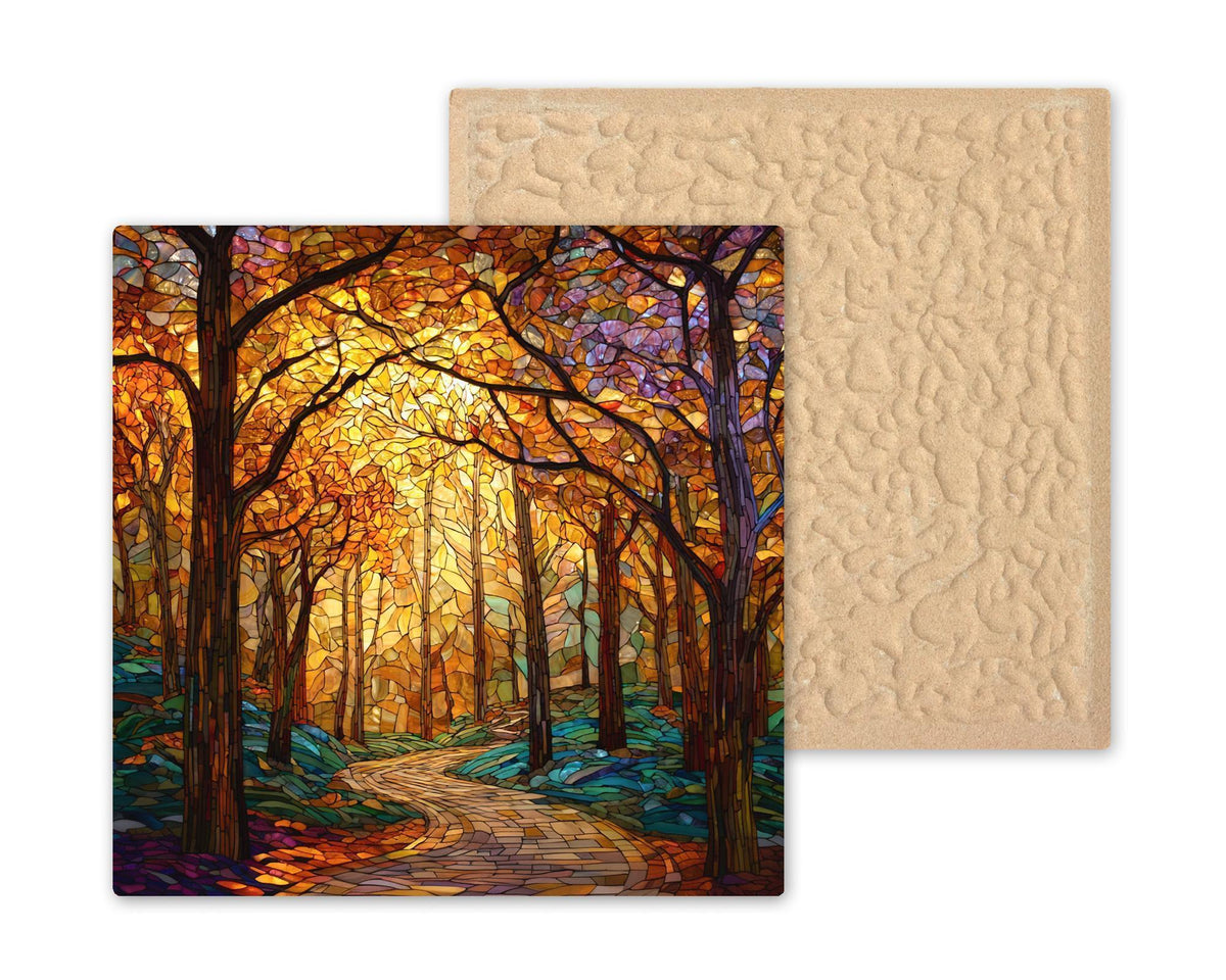 Autumn Forest Wall Art Ceramic Tile Stained Glass Style Rustic Gift Fall Decor Woodland Nature Cabin Art