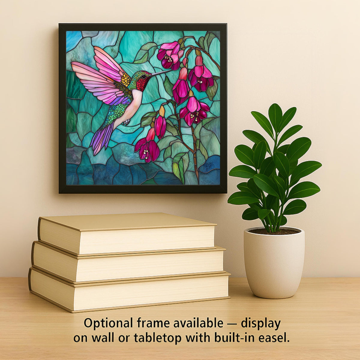 Stained Glass-Inspired Hummingbird Ceramic Tile - Handmade Pink Teal Floral Wall Art for Spring Decor