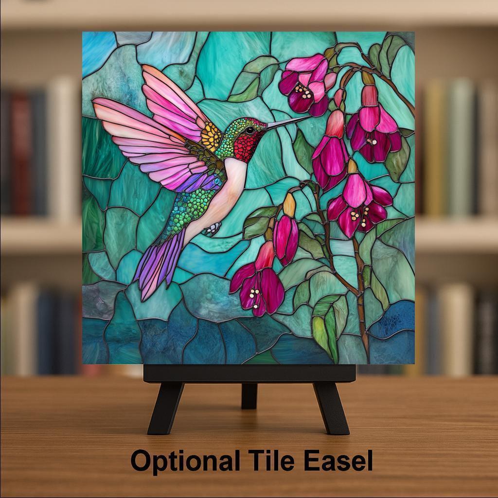 Stained Glass-Inspired Hummingbird Ceramic Tile - Handmade Pink Teal Floral Wall Art for Spring Decor