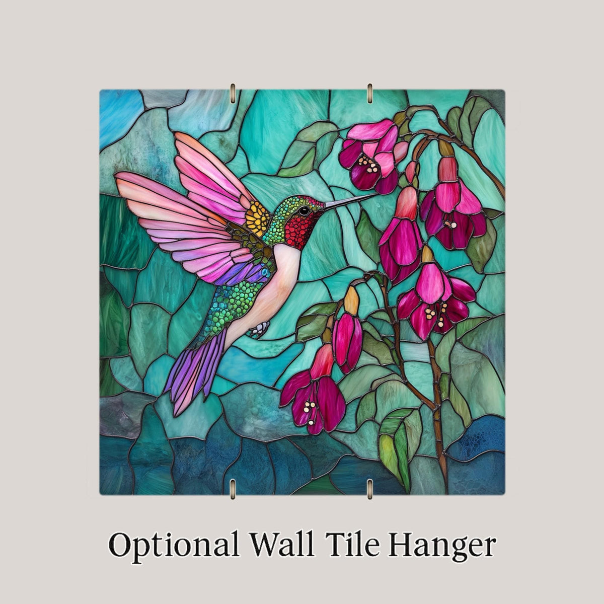 Stained Glass-Inspired Hummingbird Ceramic Tile - Handmade Pink Teal Floral Wall Art for Spring Decor