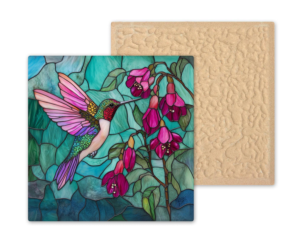 Stained Glass-Inspired Hummingbird Ceramic Tile - Handmade Pink Teal Floral Wall Art for Spring Decor
