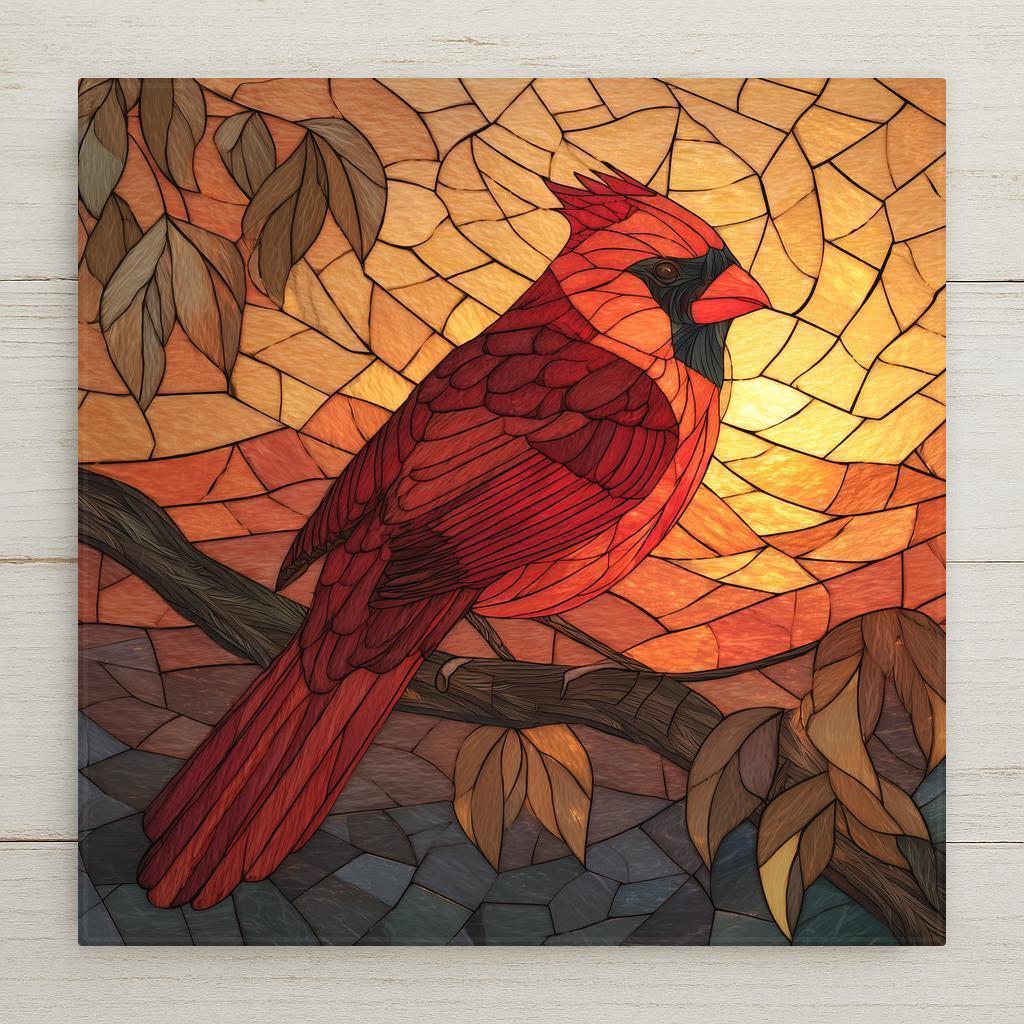 Stained glass style ceramic tile featuring a red cardinal perched on a branch at sunset with warm glowing mosaic background.