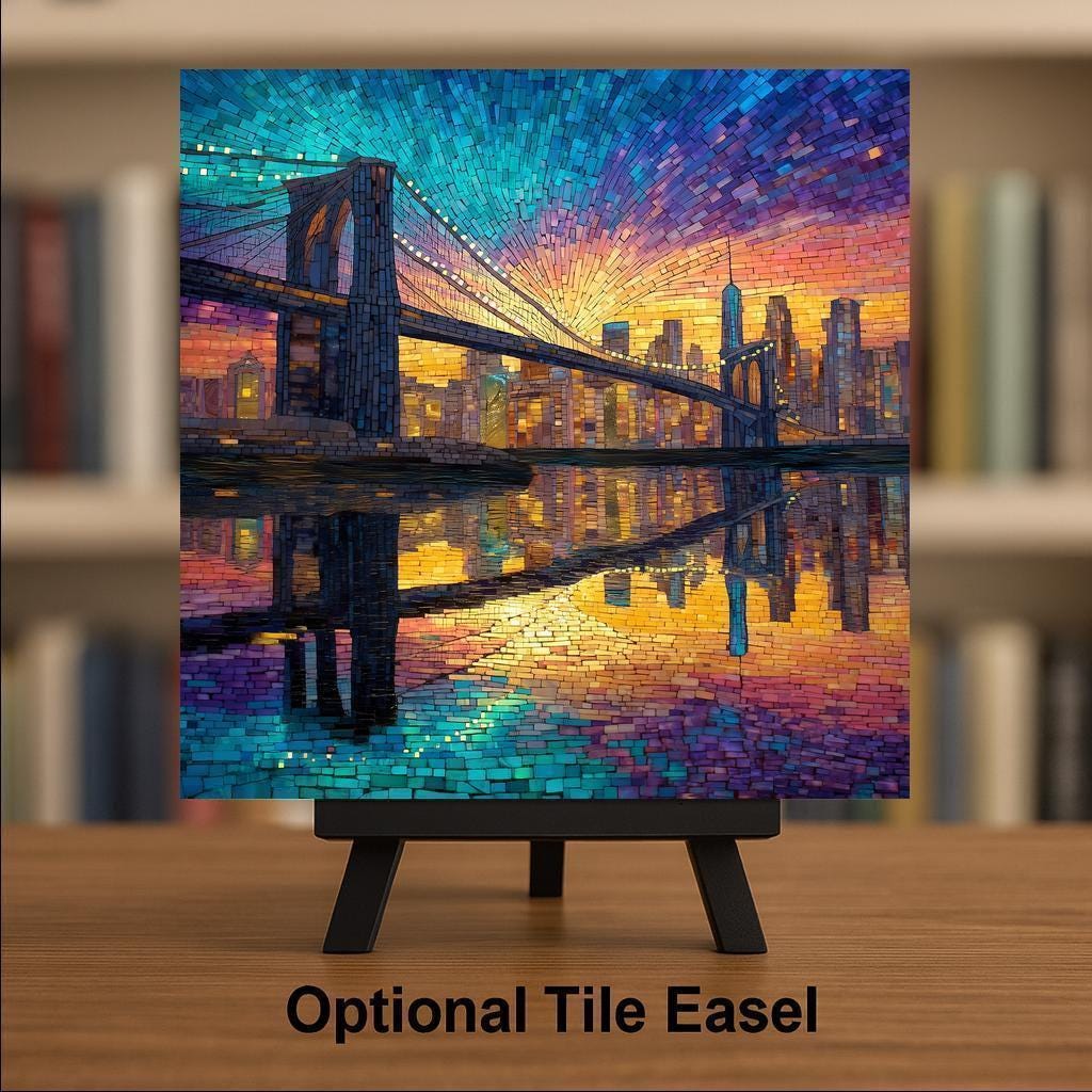 Brooklyn Bridge Wall Art Ceramic Tile: NYC Skyline Sunset Home Decor - Stained Glass Style
