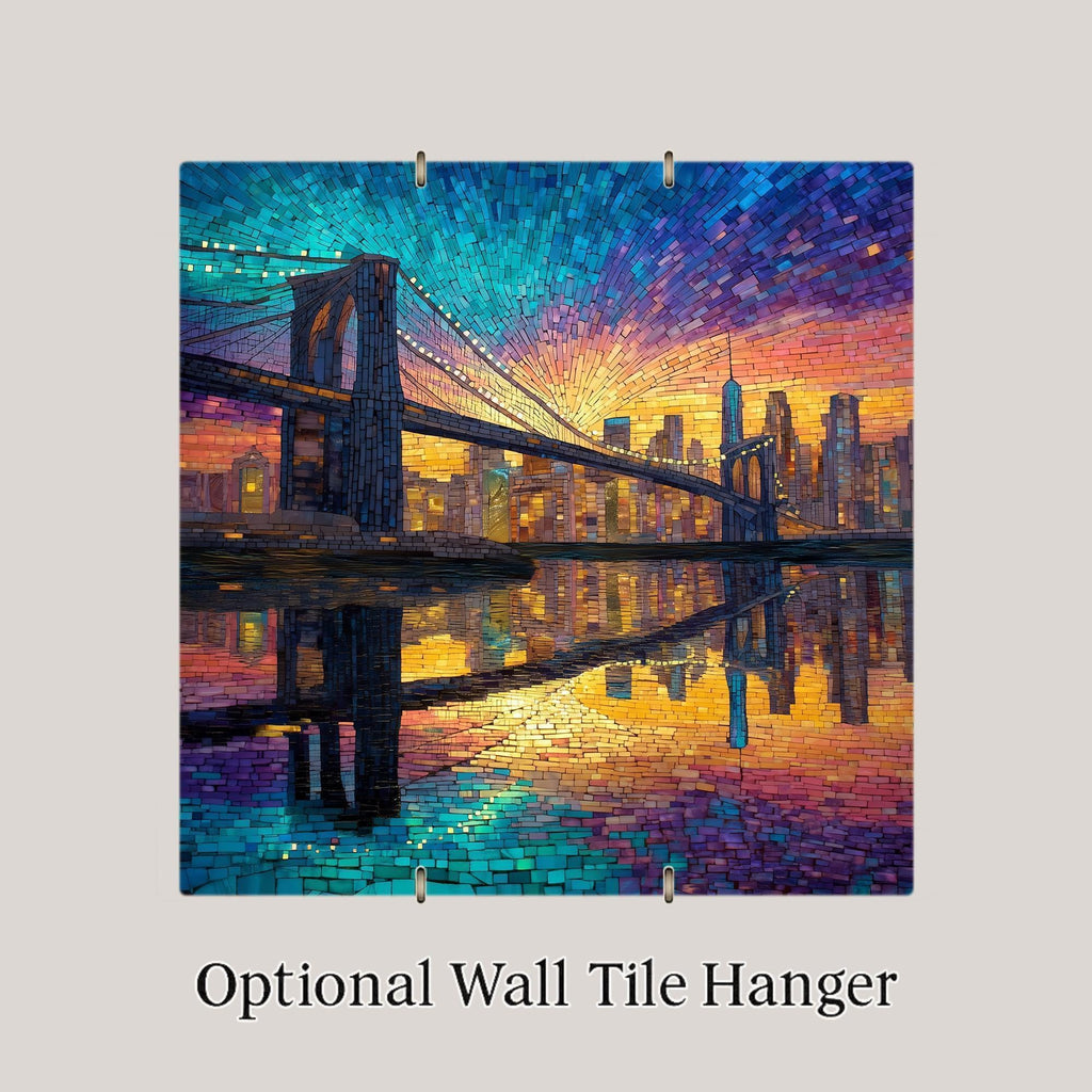 Brooklyn Bridge Wall Art Ceramic Tile: NYC Skyline Sunset Home Decor - Stained Glass Style