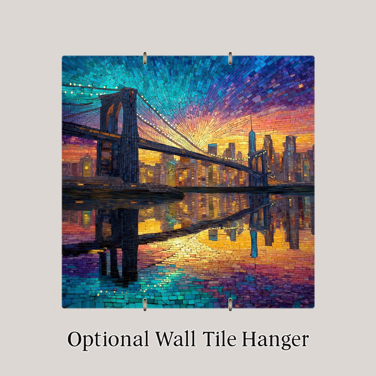 Brooklyn Bridge Wall Art Ceramic Tile: NYC Skyline Sunset Home Decor - Stained Glass Style