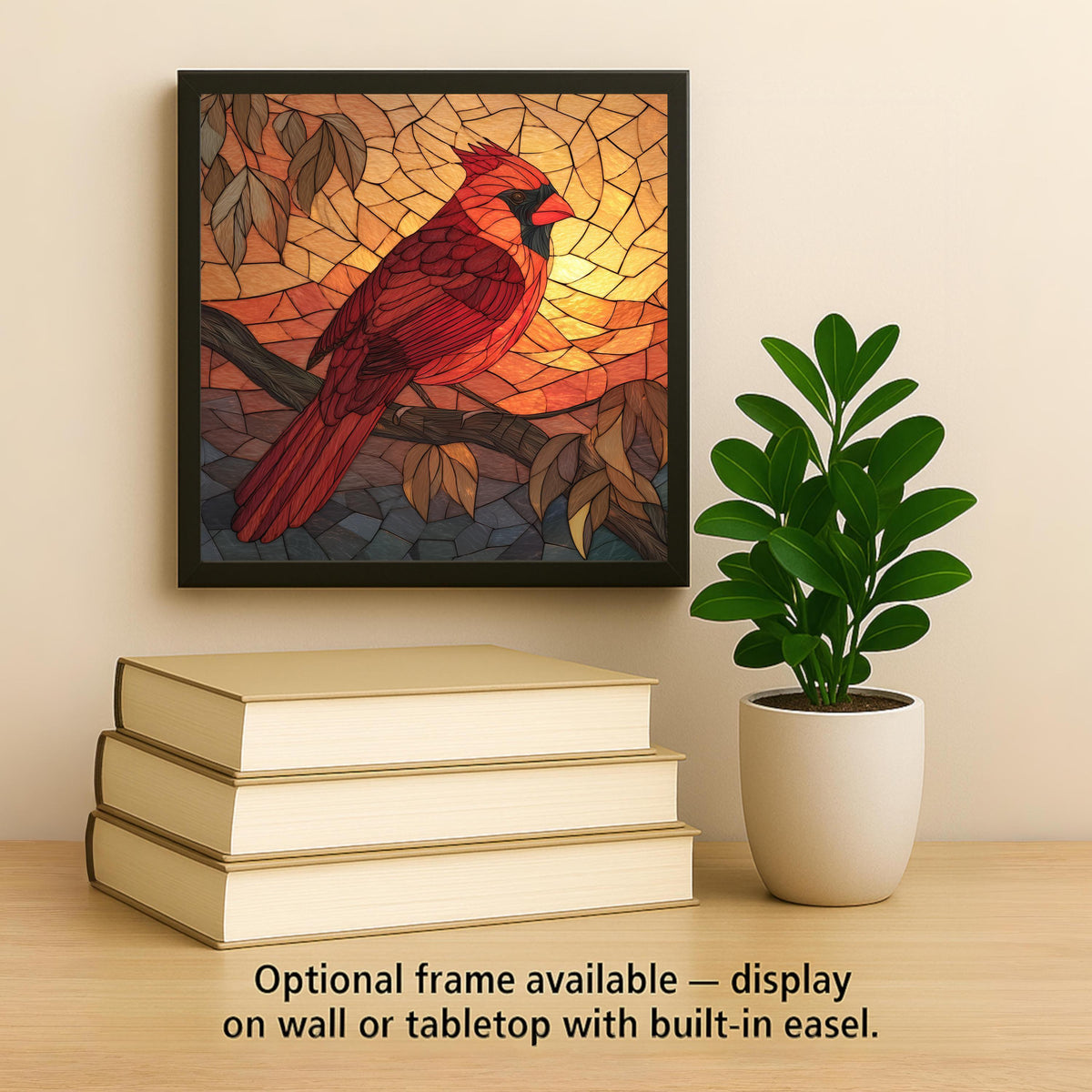 Red Cardinal Ceramic Art Tile – Stained Glass Style Bird Wall Decor, Dogwood Memorial Remembrance Gift